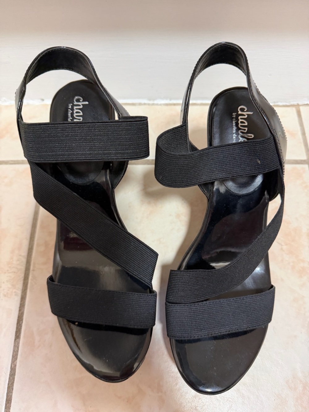 Charles by Charles David Black Elastic Strap Wedge Sandals